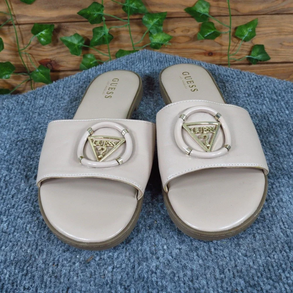 Guess‎ Magnify Women Slide Sandals Size 8 Casual Summer Beige Synthetic Flat